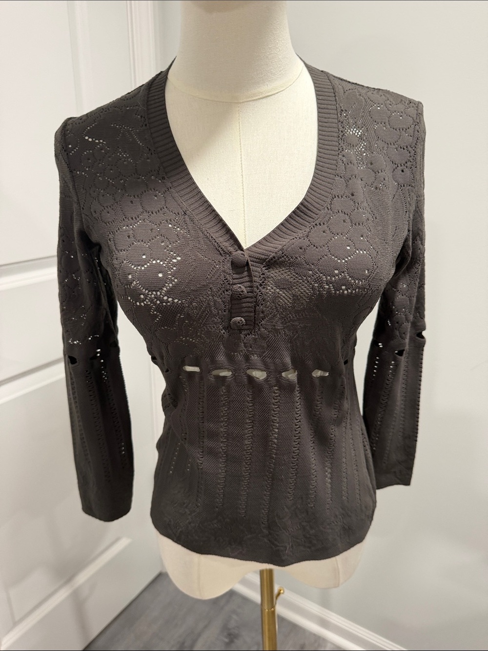 NWOT Vintage Etincelle Couture Paris Women's Textured V-Neck Knit Top - Charcoal